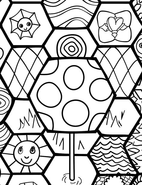 Cool Hexagon Patterns: A page filled with hexagons arranged in a honeycomb pattern, each with unique designs inside. (Free Printable Coloring Page for Kids) Airplane Coloring Pages, Shape Coloring Pages, Printable Shapes, Free Shapes, Birthday Wishes Messages, Honeycomb Pattern, Hexagon Pattern, Heart Balloons, Basic Shapes