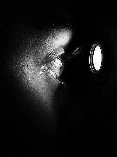 I dare not look at myself as I am in the presence of others.  There is a peephole through which everything about me can be known, but I am the only eyes that look through it. Squaring The Circle, Peeping Tom, Visual Media, Tv Movie, Black White Photos, Black N White, The Villain, Dark Side, Black Backgrounds