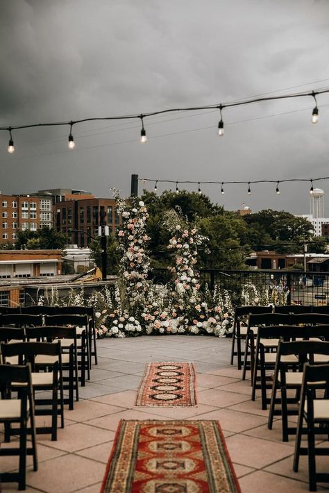 Romantic rooftop wedding, Durham NC Roof Top Wedding Ceremony, Rooftop Wedding Ceremony Night, Rooftop Wedding Reception Night, Rooftop Wedding Decor, Nyc Rooftop Wedding Aesthetic, Nyc Wedding Venues Rooftop, Rooftop Wedding Reception, Rooftop Wedding Ceremony, Indigo Wedding