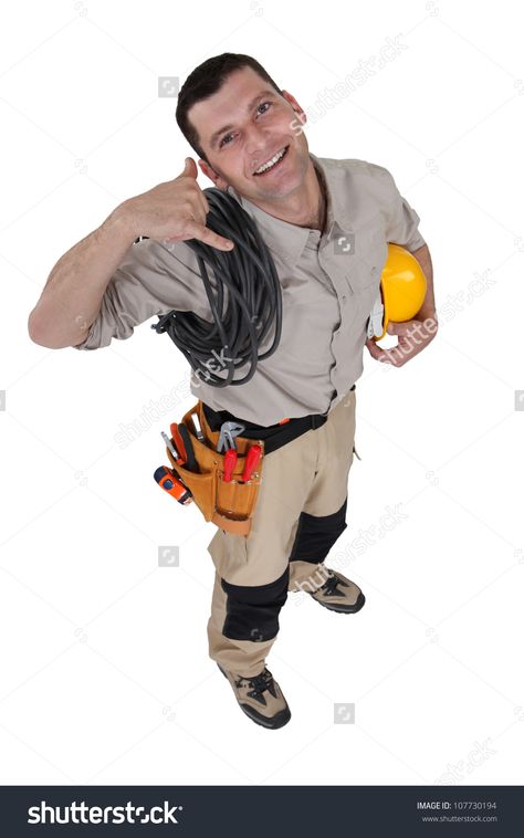 Electrician making a phone gesture Electrical Maintenance, Property Maintenance, Professional Electrician, Phone Call, Professions, Seattle, Electricity, Stock Photos, High Quality