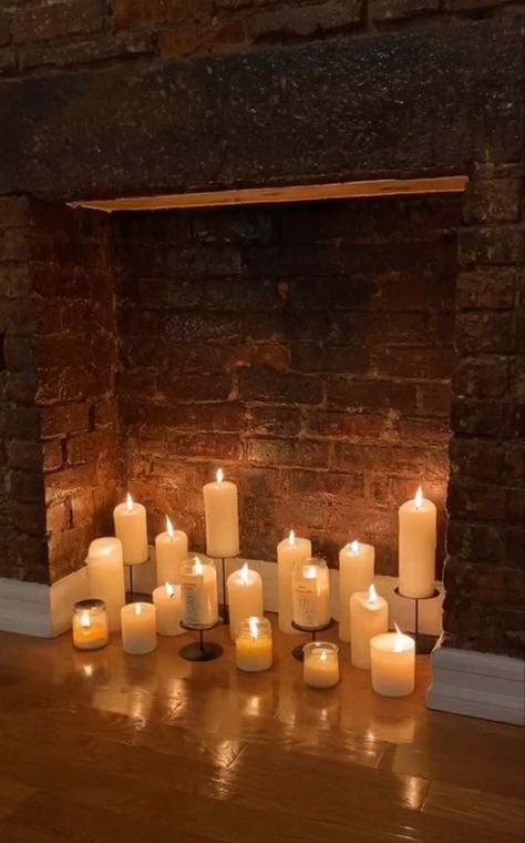 Large Floor Candles, Wedding Floor Candles, Fake Fireplace Candles, Big Candles Decor Living Rooms, Candlelit Fireplace, Fireplace Candles Inside, Candles Fireplace, Candle Fireplace, Fireplace Aesthetic