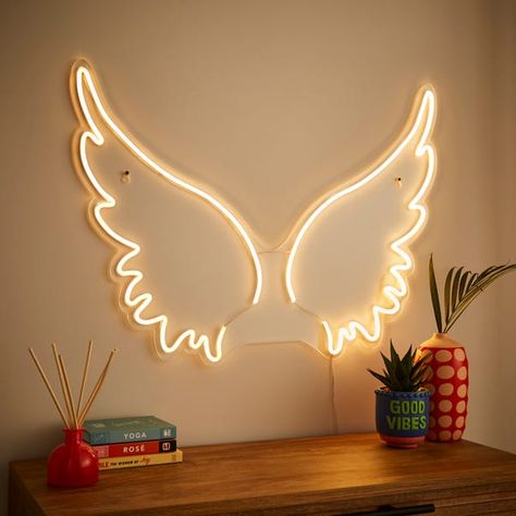 Angel Wings Neon Sign, Wings Neon Sign, Led Lights Bedroom Aesthetic, Angelic Wings, Teen Lounge, Angel Theme, Angel Wings Design, Led Lighting Bedroom, Light Words