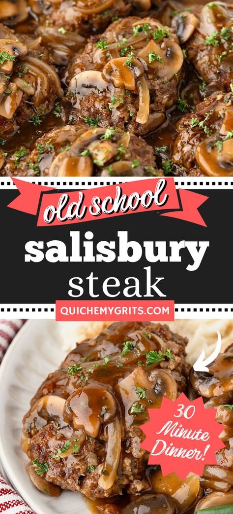 Two graphics depicting ground beef patties smothered in a rich mushroom gravy. Old Fashioned Salisbury Steak Recipe, Beef Bread, Easy Skillet Dinner, Salisbury Steak Recipe, Easy Skillet, Mushroom Gravy, Salisbury Steak, Steak Recipe, Salisbury