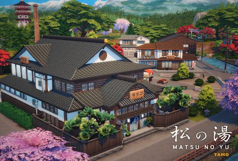 Chinese Home Design, Japanese Mansion, Japanese Bath House, Minecraft Japanese, Japanese Buildings, Japanese Bath, Sims 4 House Design, Sims Building, Public Bath