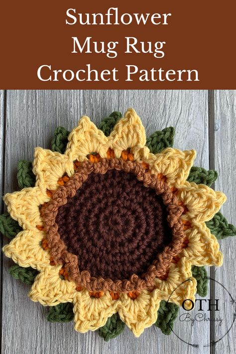 Sunflower Mug Rug Crochet Pattern. Intermediate level pattern using I Love This cotton yarn and hook size I/9-5.50 mm. Mug Rug Pattern, Sunflower Coaster, Sunflower Mug, Crochet Appliques, Mug Rug Patterns, Rug Patterns, House Items, Crochet Coaster Pattern, Crochet Sunflower