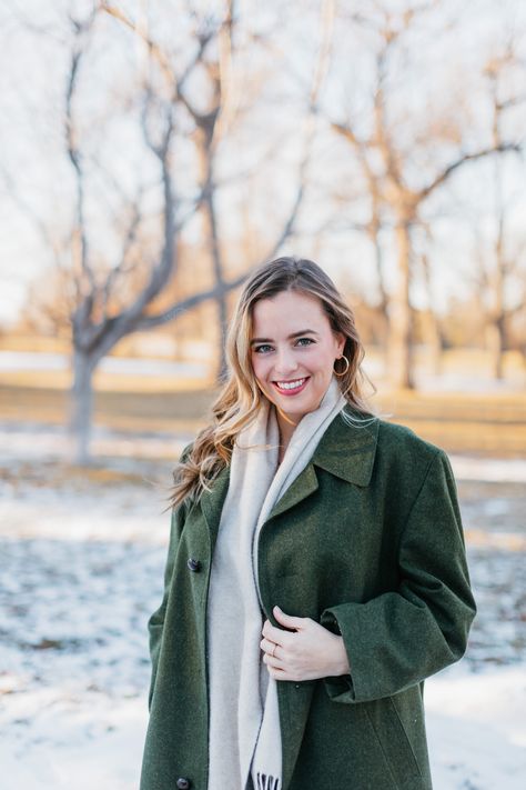 blonde girl standing in front of snowy trees wearing green wool coat winter Sibling Photoshoot, Winter Style Guide, Headshot Ideas, Therapy Practice, Lifestyle Branding, Winter Portraits, Winter Outdoors, Realtor Branding, Winter Beach