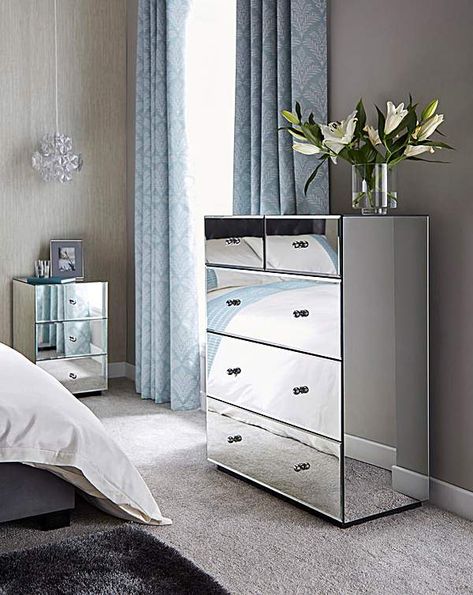 Mirror Chest Of Drawers Bedroom, Broadway Bedroom, Mirrored Bedside Cabinet, Mirrored Bedroom, Mirror Chest Of Drawers, Grey Bedroom Design, Mirror Drawers, Chest Of Drawers Bedroom, Mirrored Bedroom Furniture