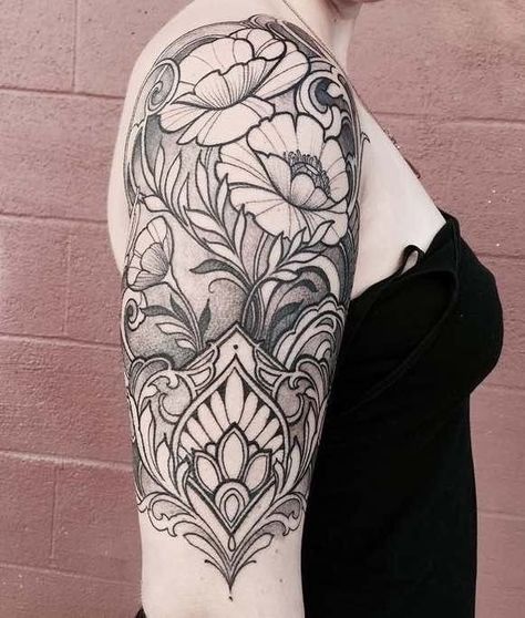 Geometric Tattoo Half Sleeve, Ornamental Arm Tattoo, Jade Tattoo, Upper Half Sleeve Tattoos, Rose Tattoo Black, Coverup Ideas, Art Deco Tattoo, Art Nouveau Tattoo, Cool Half Sleeve Tattoos