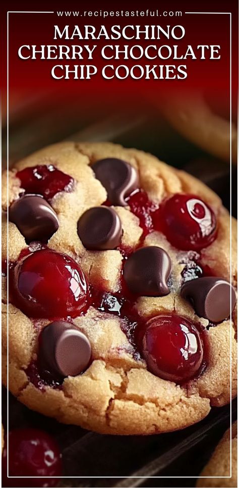 Indulge in the perfect combination of sweet maraschino cherries and rich chocolate chips in these delightful cookies. Perfect for any occasion, these cookies offer a chewy texture with a burst of fruity flavor and a decadent chocolatey touch. Cherry Chocolate Chip Cookies, Marachino Cherries, Cherry Cookies Recipes, Chocolate Cherry Cookies, Maraschino Cherries, Cherry Cookies, Cherry Chocolate, Kinds Of Cookies, Maraschino Cherry