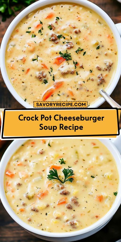 Craving a comforting meal that’s easy to make? This Crock Pot Cheeseburger Soup Recipe is the perfect solution for busy weeknights! Enjoy a hearty dish packed with flavor and ground beef goodness. Save this recipe for later and delight your family with this delicious addition to your Ground Beef Recipes! Hamburger Soup Crockpot, Burger Soup Recipes, Cheese Burger Soup, Ground Beef And Veggies, Cheeseburger Soup Crockpot, Burger Soup, Cheeseburger Soup Recipe, Ground Beef Crockpot Recipes, Slow Cooker Creamed Corn