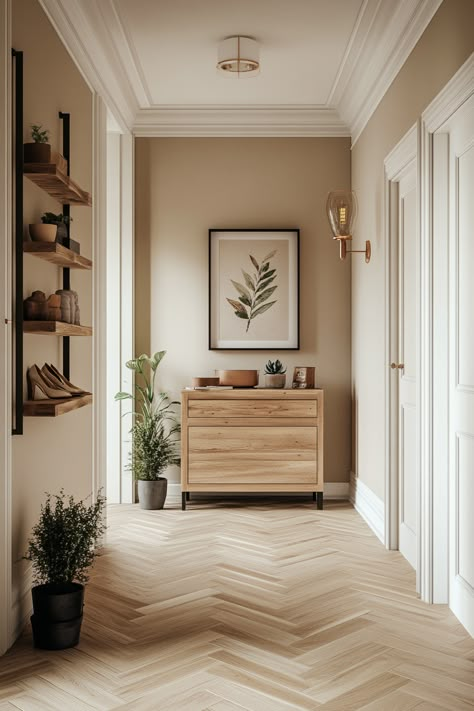 Home Decor Ideas Scandinavian Style, White Wall Beige Trim, Off White Hallway, Scandinavian Boho Interior Design, Scandinavian Interior Hallway, Home Scandinavian Style, Scandi Hallway Ideas, Hygge Entryway, Apartment Hallway Ideas