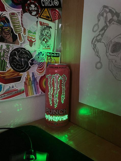 #aesthetic #lamp #monster Monster Can Lamp, Can Lamp, Aesthetic Lamp, Monster Can, Room Ideas, Spiderman, Neon Signs, Neon, Canning