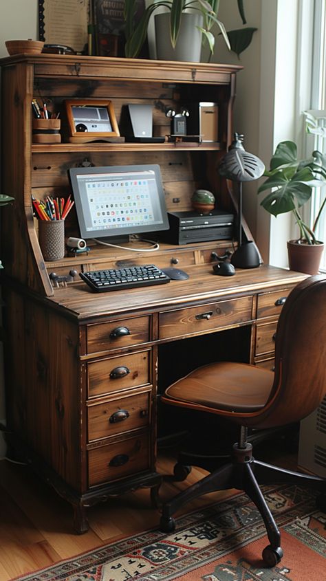 Vintage Desk With Shelves, Office In A Small Space, Setting Up A Home Office, Art Workspace, Stylish Desk Accessories, Desk Nook, Fall Bedroom Ideas, Vintage Home Office, Under Desk Storage