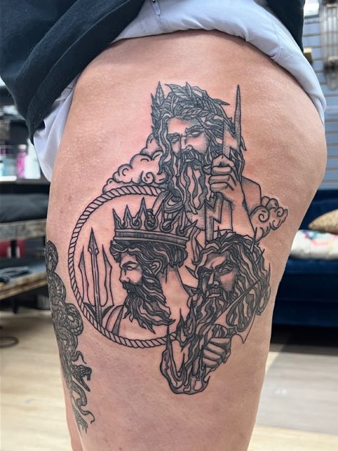 Zeus Hades Poseidon, Disney Zeus, Zeus Poseidon Hades, Hades Poseidon, Zeus Hades, Hades Tattoo, Poseidon Tattoo, Zeus Tattoo, The Big Three