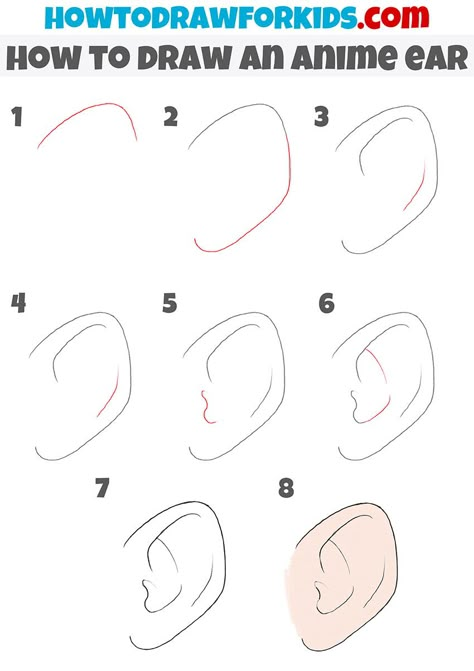 how to draw an anime ear step by step Step By Step Drawing Anime Body, Drawing Ears Anime, Anime Ear Tutorial, Anime Ear Reference, Anime Ears Reference, Anime Ear Piercing Drawing, Manga Ears, Ear Drawing Reference Anime, Ear Drawing Tutorial Step By Step