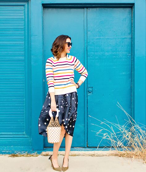 Chinti and Parker Striped Sweater and Ganni Polka Dot Skirt - Carrie Colbert Prints And Patterns Fashion, Outfit Ideas Colorful, Stella Mccartney Jeans, Chinti And Parker, Patterns Fashion, Mama Style, Polka Dot Skirt, Dot Skirt, Leopard Dress