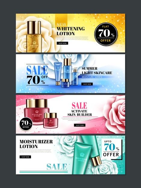 Four different colored cosmetic themed web banners with products, rose flowers and glitters. Download it at freepik.com! #Freepik #vector #banner #sale #flower #design Website Banner Ideas, Business Banner Design, Banner Design Templates, Cosmetic Web, Menu Design Inspiration, Website Banner Design, Adobe Photoshop Design, Creative Banners, Discount Design