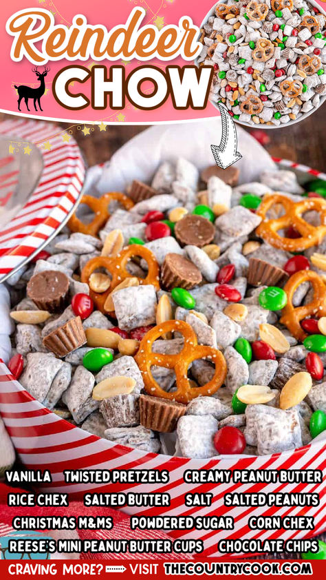 This Reindeer Chow (a seasonal version of Puppy Chow) is fun and festive and loaded with sweet and salty flavors! It is the perfect snack for your next holiday get together! Christmas Puppy Chow, Christmas Chex Mix, Reindeer Chow Recipe, Puppy Chow Christmas, Reindeer Chow, Chex Mix Christmas, Chex Mix Puppy Chow, Chow Recipe, Puppy Chow Recipes