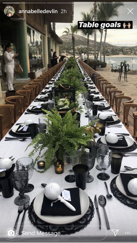 Green Black And White Birthday Decorations, Elegant Outside Dinner Party, Black White Silver Table Setting, Black And Silver Retirement Party Ideas, Black White And Silver Table Settings, Men Dinner Party Decor, Mens Birthday Tablescape, Green Black And White Graduation Party, Black Silver Table Setting