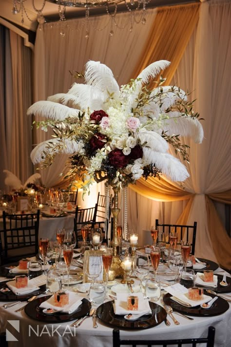 Feather Centerpiece Wedding, Ostrich Feather Centerpieces, Chicago Wedding Photos, Feather Centerpieces, New Years Eve Weddings, Unique Wedding Flowers, Chicago Wedding Venues, Wedding Floral Centerpieces, Feather Wedding