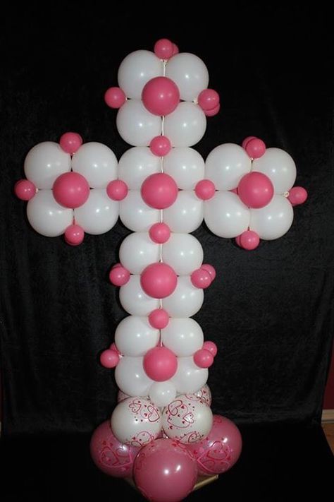 Cross Balloon Arch, Balloon Cross Decoration, Balloon Rosary Diy, Cross Balloons, Communion Balloons, Balloon Cross, Garland Decoration, Balloon Crafts, Baptism Party