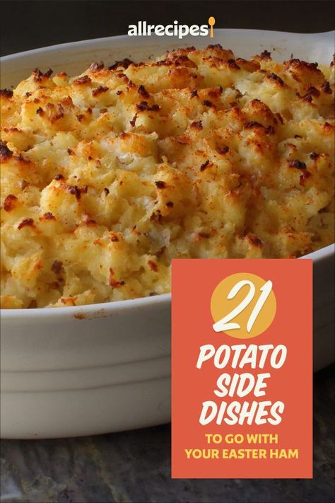 21 Potato Side Dishes to Go With Your Easter Ham | "Potatoes and ham are classic Easter dinner companions, with potatoes au gratin and scalloped potatoes reigning as the most popular spud sides. We're sharing traditional and new potato side dishes that will stand out at this year's Easter feast." #easter #easterrecipes #easterdinner #eastersides #eastersidedishes Potato Side Dish For Easter, Sweet Potato Recipes For Easter, Easter Mashed Potatoes Recipe, Easy Easter Potato Side Dishes, Easter Potatoes Recipes Crockpot, Easter Potatoes Crockpot, Easter Dinner Potato Sides, Easter Potato Recipes, Easter Brunch Potatoes Recipes