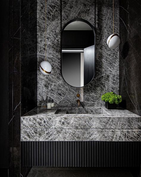 JENNIFER BACKSTEIN INTERIORS on Instagram: “POWDER ROOM: It doesn’t get much better than this! We designed this powder room to be sophisticated and masculine and ooze luxury. The…” Water Closet, Powder Rooms, Contemporary Chandelier, World Of Interiors, Guest Bathroom, Contemporary Lighting, British Design, Brushed Brass, Design Awards