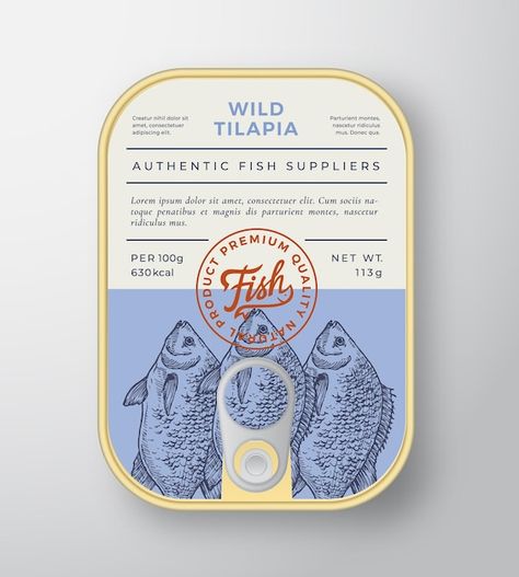 Premium Vector | Canned river fish abstract vector aluminium container packaging design or label modern typography banner hand drawn tilapia silhouette with lettering logo color paper background layout Container Packaging Design, Color Paper Background, Rustic Packaging, Fish Abstract, Fish Silhouette, Fish Fillets, Typography Hand Drawn, Ocean Fish, Food Logo Design