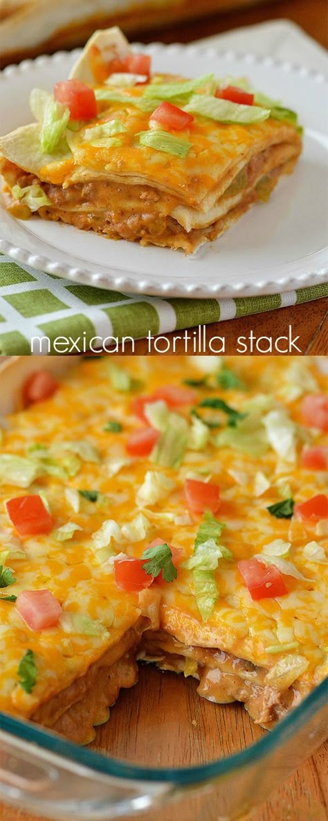 Today I’m sharing this amazing and oh so delish Mexican Tortilla Stack! I have been making this yummy casserole forever. At least since Kale and I were married, and that’s almost been 8 years (crazy! ) This tortilla stack is filled with ground turkey, green chilies, enchilada sauce and loads of cheese, stacked... Read More » Hamburger Meat Tortilla Recipes, Meals With Flour Tortillas, Mexican Casserole With Flour Tortillas, Flour Tortilla Casserole Recipes, Tortilla Stack, Tortilla Casserole Recipes, Christmas Supper, Tortilla Recipes, Corn Tortilla Recipes