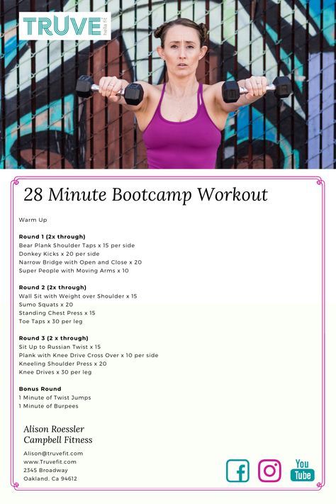 Bootcamp Style Workout, Bootcamp Workout, Plank Shoulder Taps, Wall Sits, Donkey Kicks, Boot Camp Workout, Sumo Squats, Camp Style, Russian Twist