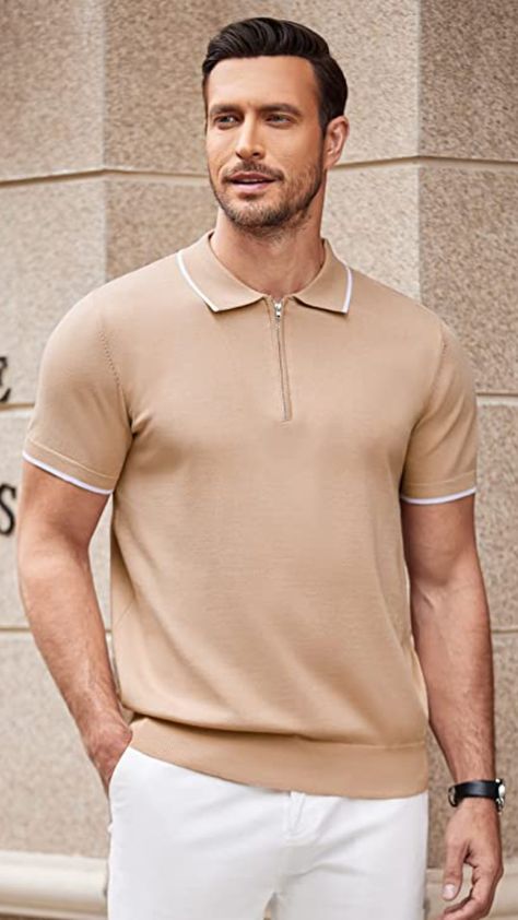 COOFANDY Men's Zipper Polo Shirt Casual Knit Short Sleeve Polo T Shirt Classic Fit Shirts Zip Up Polo Shirt, Polo Tshirt Men Outfit, Polo Tshirt Men, Polo Shirt Outfit Men, Zipper Polo Shirt, Money Clothes, Polo Shirt Outfits, Shirt Outfit Men, Slim Fit Polo Shirts