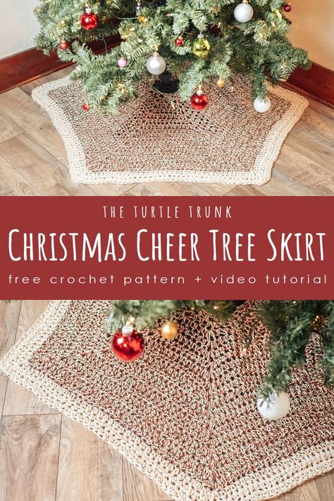 Pinterest pin for the Christmas Cheer Tree Skirt crochet pattern by The Turtle Trunk Crochet Tree Skirt Pattern, Tree Skirt Crochet Pattern, Tree Skirt Crochet, Christmas Tree Skirt Crochet Pattern, Crochet Tree Skirt, Boyfriend Christmas Card, Christmas Tree Skirts Patterns, Skirt Pattern Free, Tree Skirt Pattern