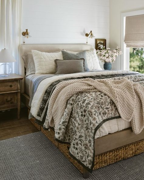 “The Bette Quilt is 100% cotton and so soft! The perfect lightweight quilt as the weather starts to warm up!” Swipe to see how @LaineandLayne styled their spring bedroom. #MyPotteryBarn Quilt Bedroom Ideas, Royal Blue Bedrooms, Quilt Bedroom, Basement Guest Rooms, Spring Bedroom, New Bedding, Mid Century Modern Bedroom, Bedroom Quilts, Sanctuary Bedroom