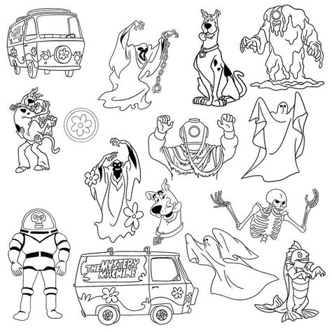 Tattoo Stencils Cartoon, Scooby Doo Flash Art, Scooby Doo Line Art, Cute Scooby Doo Tattoo, Scooby Doo Tattoo Design, Disney Flash Art, Scooby Doo Flash Tattoo, Simple Cartoon Tattoos, Nostalgia Tattoo Ideas