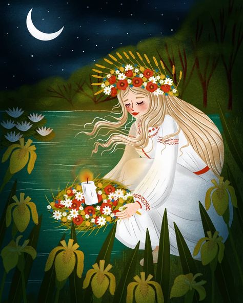 Solstice Ritual, Summer Solstice Ritual, Slavic Culture, Slavic Paganism, Folk Illustration, Slavic Folklore, Beautiful Night Images, Flower Wreaths, Pagan Art