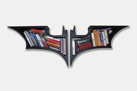 20 Brilliant Bookshelves for Modern Bookworms via Brit + Co Batman Bookshelf, Presents For Children, Creative Bookshelves, Cool Bookshelves, Minimalist Bedroom Decor, Modern Bookshelf, Smart Home Gadgets, Minimalist Home Interior, Unique Gadgets