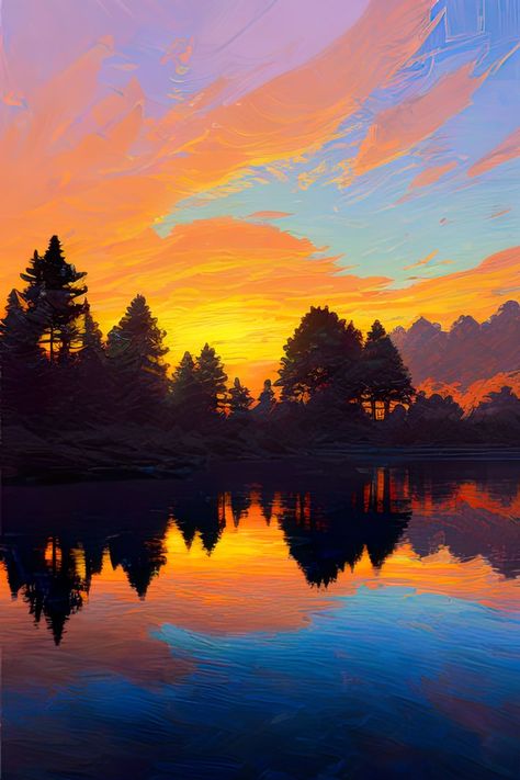 River Drawing, Orange Clouds, Drawing Programs, River Painting, Orange Sunset, Scenery Paintings, Orange Sky, Sky Painting, Evening Sky