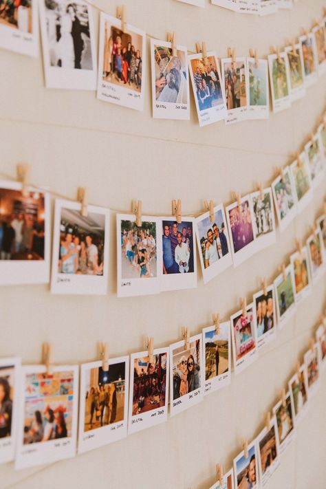 Ideas To Hang Polaroid Pictures, Photograph Decoration Ideas, Polaroid Wall For Wedding, Displaying Photos At Wedding, Photo Backdrops For Parties, Polaroid Wall Wedding, Hanging Polaroid Pictures, Polaroid Decoration Ideas, Polaroid Hanging