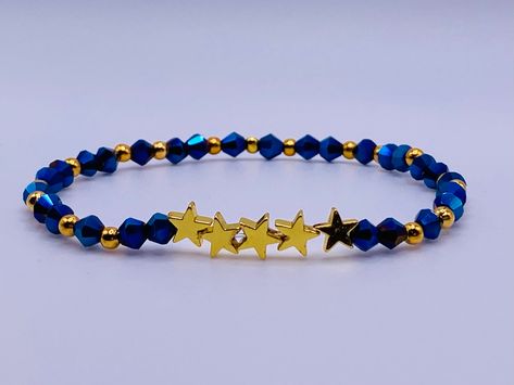 "Blue and gold handmade bracelet inspired by Van Gogh's iconic The Starry Night painting. Part of the \"Van Gogh\" collection. Stretch bracelet, sized to order." Starry Night Accessories, Starry Night Bracelet, Starry Night Gift Ideas, Starry Night Jewelry, Starry Night Diy, The Starry Night Painting, Van Gogh Jewelry, Van Gogh The Starry Night, فنسنت فان جوخ