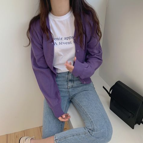 Violet Cardigan Outfit, Violet Outfits, Purple Ootd, Outfit Cardigan, Japan Outfit, Easy Trendy Outfits, Cardigan Outfits, Character Outfits, Concert Outfit