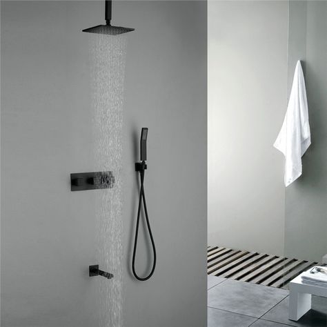 Black Shower System, Bathroom Shower Faucets, Shower Fixtures, Black Shower, Rainfall Shower, Rain Shower Head, Shower Arm, Rain Shower, Shower Systems