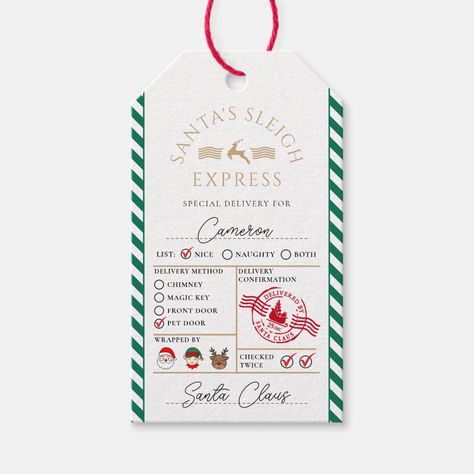 Green Santa's Sleigh Express Special Delivery Gift Tags From Santa Gift Tags, Name Tags Ideas, Christmas Ticket, Name Tag Christmas, Santa Gift Tag, Sick Gift, Kids Christmas Ideas, Christmas Name Tags, Christmas Express