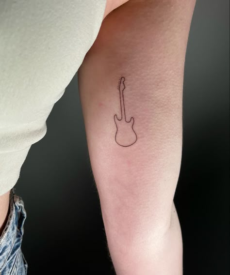 Guitar Tattoo Matching Guitar Tattoos, Tiny Guitar Tattoo Simple, Music Tattoo Designs Minimalist, Small Gutair Tattoos, Fender Strat Tattoo, Guitar Arm Tattoo, Cute Guitar Tattoos, Red Guitar Tattoo, Base Guitar Tattoo