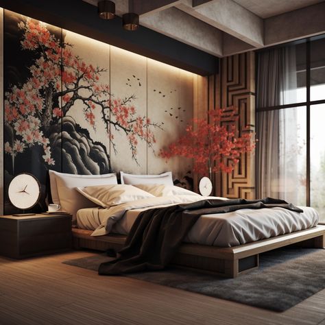 Modern Japanese Style Bedroom, Japanese Aesthetic Room Decor, Asian Aesthetic Bedroom, Japanese Aesthetic Home Decor, Asian Modern Interior, Chinese Style Bedroom Design, Japan Inspired Bedroom, Manga Room Ideas, Zen Japanese Bedroom