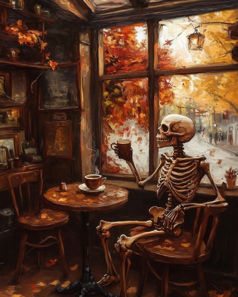 Spoopy coffee date ☕️ #skeletonart #halloweenart #autumnart #coffeeshopvibes Thanksgiving Skeleton, Dope Pfp, Fall Skeleton, Coffee Skeleton, Spooky Coffee, Coloring Contest, Skeleton Illustration, Boxes Ideas, Coffee Wallpaper