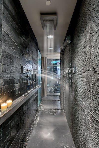 Shower Open, Shower Floor Tile Ideas, Shower Luxury, Doorless Shower, Shower Tiles, Tiles Marble, Shower Lighting, Stone Shower, Waterfall Shower