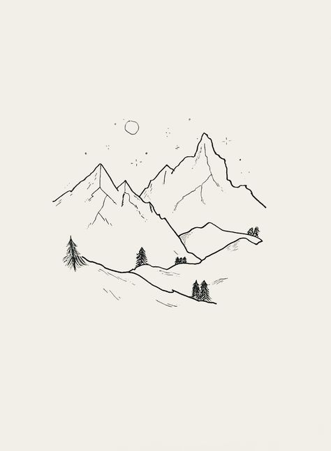 Mountains Illustration Simple, Cabin Sketch Simple, Winter Line Drawing, Mountain Range Drawing Simple, Valley Drawing Simple, Swiss Tattoo, Mountain Range Drawing, Wedding Prizes, Simple Nature Drawing