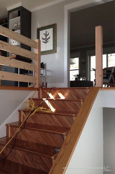 Bookcase Stairs, Stair Angle, Stair Railing Makeover, Diy Staircase Makeover, Diy Stair Railing, Loft Railing, Stair Walls, Rustic Stairs, Modern Stair Railing