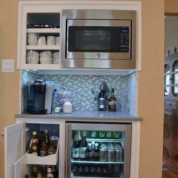 Coffee Maker And Microwave - Photos & Ideas | Houzz Built In Kitchen Desk Repurpose Ideas, Coffee Bar With Microwave, Bar With Microwave, Apartment Coffee Bar, Coffee Bar Built In, Built In Coffee Bar, Custom Entertainment Center, Built In Coffee Maker, Custom Bookshelves