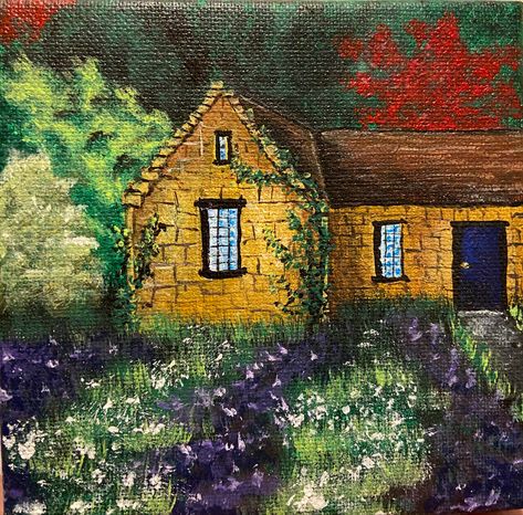 2020 5x5 in stretched canvas. Acrylic... hidden and griwn over cottage made of stone by Jody Vitarelli Stone House Painting, House With Ivy, Canvas Acrylic, Stone House, Art Class, Acrylic Paints, House Painting, Art Classes, Stretched Canvas